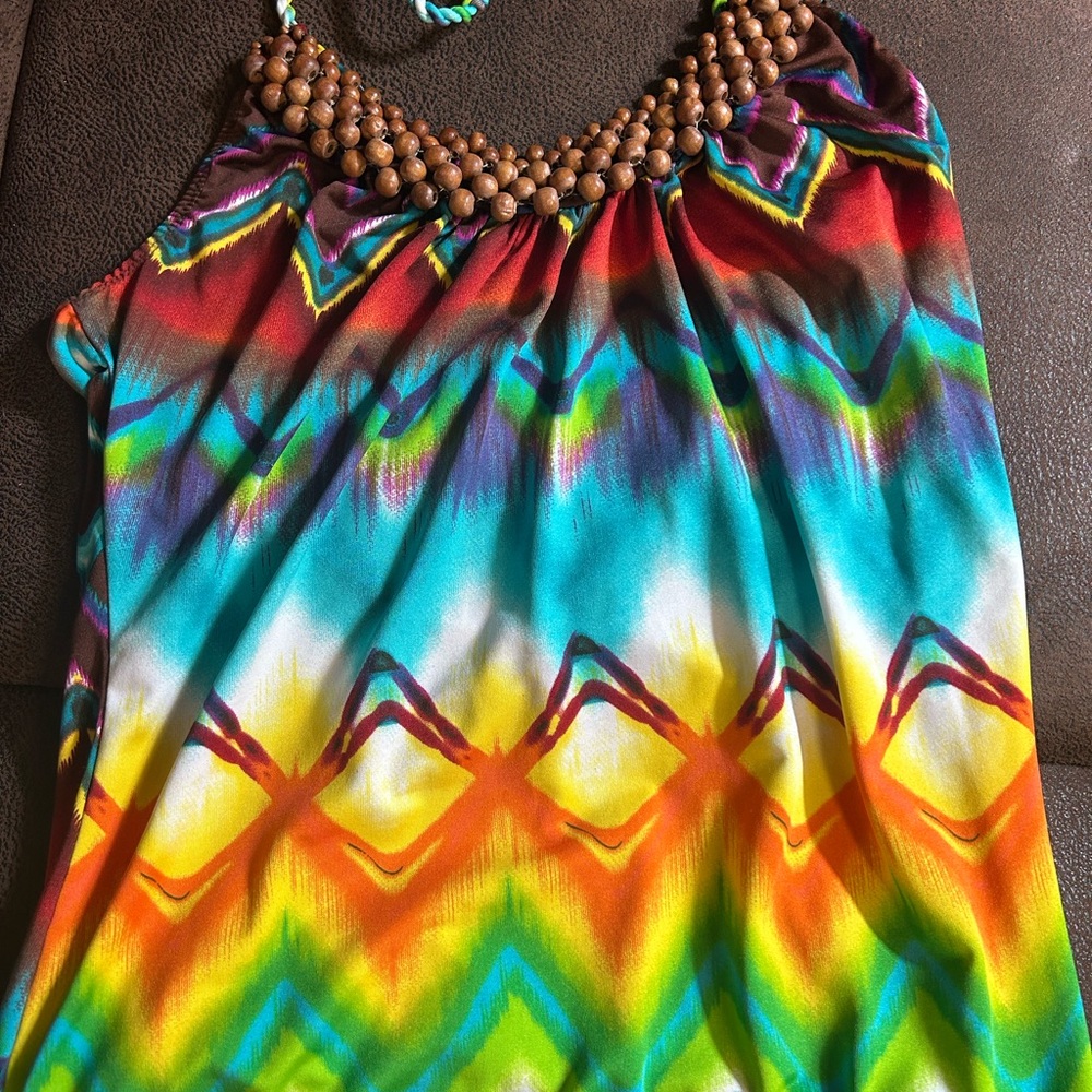 Vintage Multicolor Women's Top with Beaded Neckline